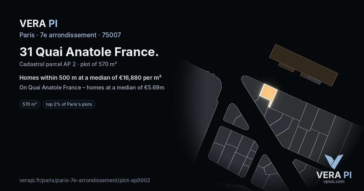 31 Quai Anatole France, 7e arrondissement at night – the plot lit, the parcels around coloured by the prices near them