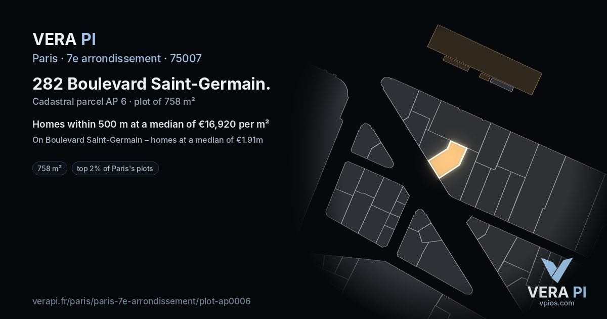 282 Boulevard Saint-Germain, 7e arrondissement at night – the plot lit, the parcels around coloured by the prices near them