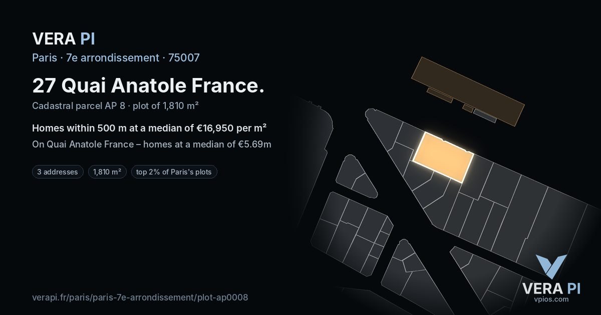 27 Quai Anatole France, 7e arrondissement at night – the plot lit, the parcels around coloured by the prices near them