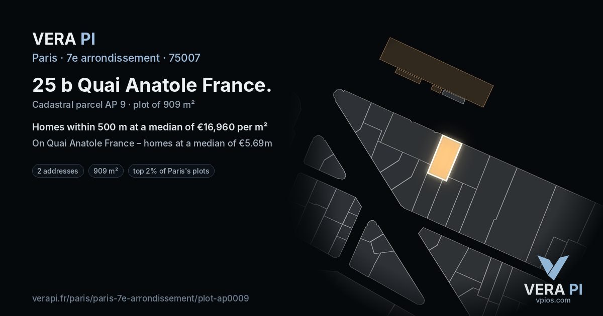 25 b Quai Anatole France, 7e arrondissement at night – the plot lit, the parcels around coloured by the prices near them
