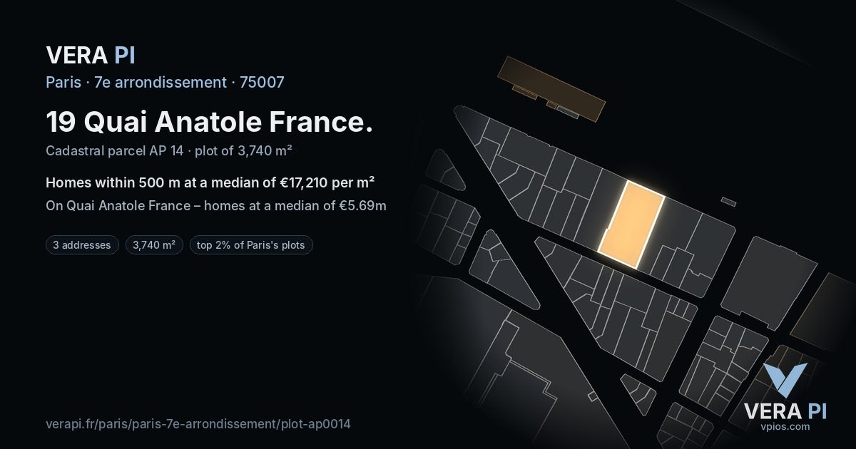 19 Quai Anatole France, 7e arrondissement at night – the plot lit, the parcels around coloured by the prices near them