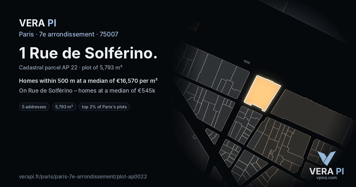 1 Rue de Solférino, 7e arrondissement at night – the plot lit, the parcels around coloured by the prices near them