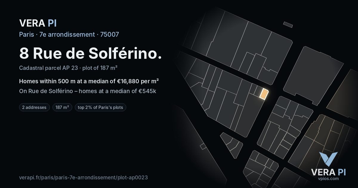 8 Rue de Solférino, 7e arrondissement at night – the plot lit, the parcels around coloured by the prices near them
