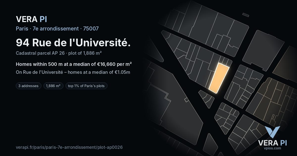 94 Rue de l'Université, 7e arrondissement at night – the plot lit, the parcels around coloured by the prices near them
