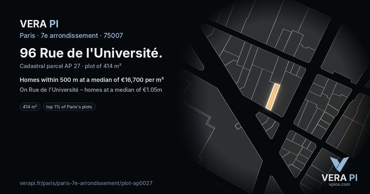 96 Rue de l'Université, 7e arrondissement at night – the plot lit, the parcels around coloured by the prices near them
