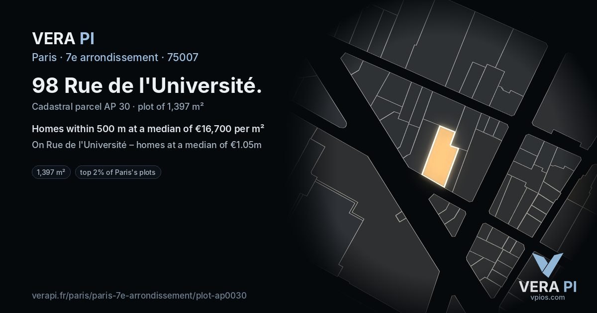 98 Rue de l'Université, 7e arrondissement at night – the plot lit, the parcels around coloured by the prices near them