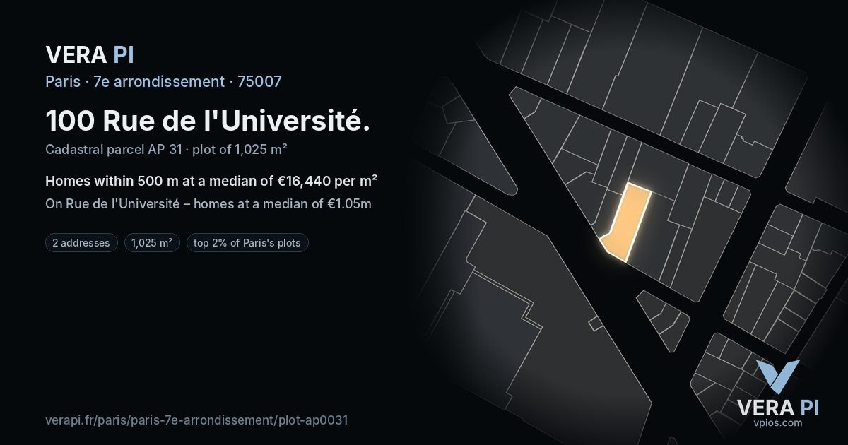 100 Rue de l'Université, 7e arrondissement at night – the plot lit, the parcels around coloured by the prices near them
