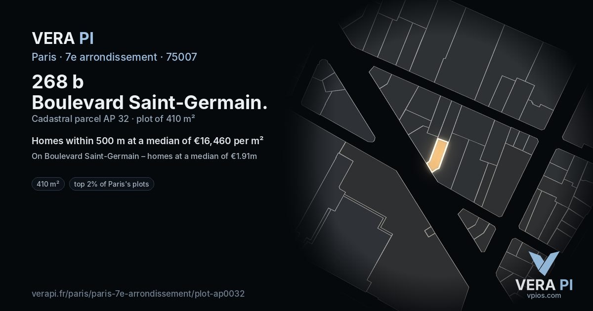 268 b Boulevard Saint-Germain, 7e arrondissement at night – the plot lit, the parcels around coloured by the prices near them