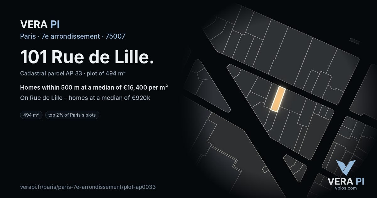 101 Rue de Lille, 7e arrondissement at night – the plot lit, the parcels around coloured by the prices near them