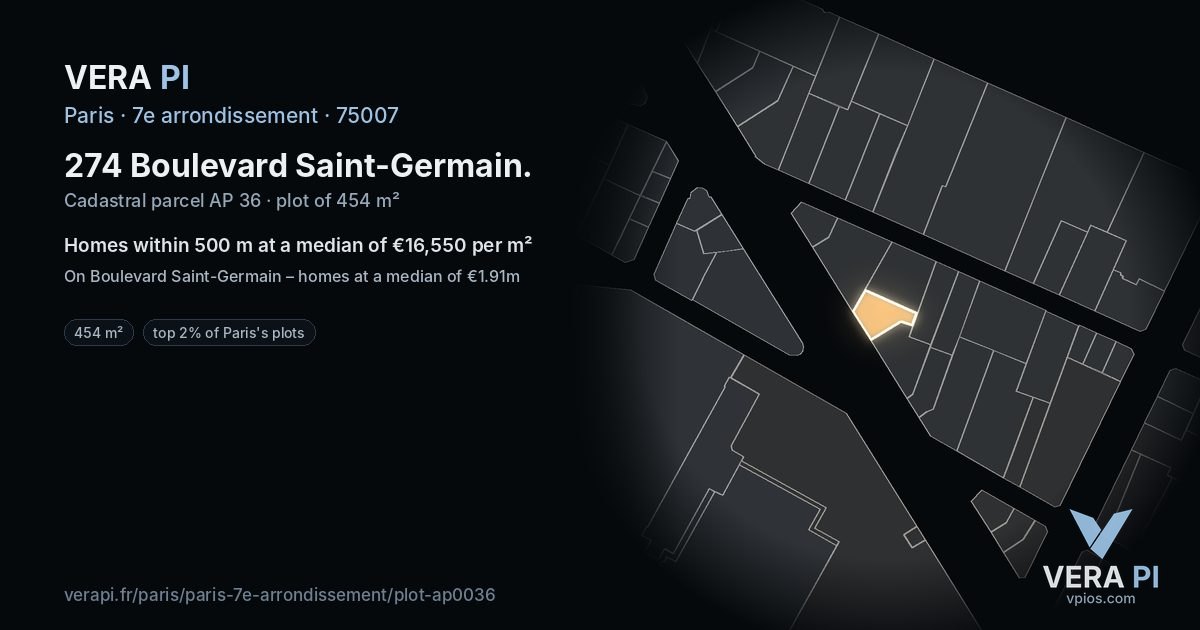 274 Boulevard Saint-Germain, 7e arrondissement at night – the plot lit, the parcels around coloured by the prices near them