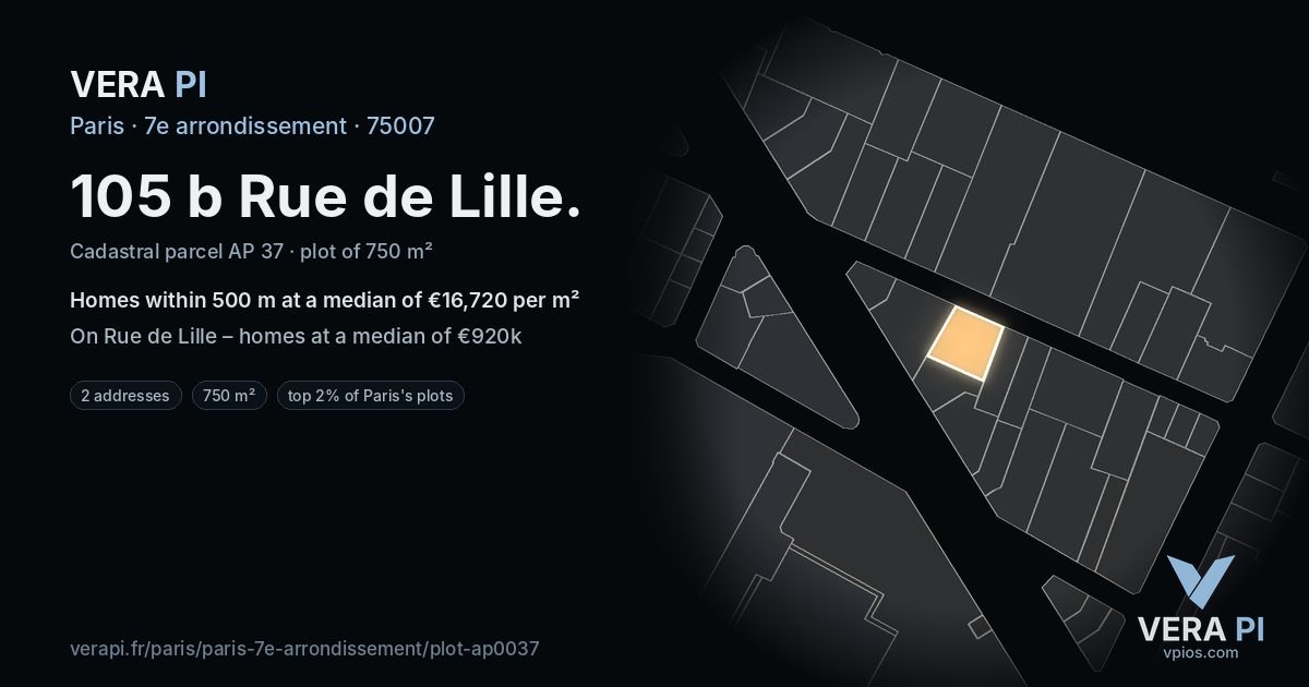 105 b Rue de Lille, 7e arrondissement at night – the plot lit, the parcels around coloured by the prices near them