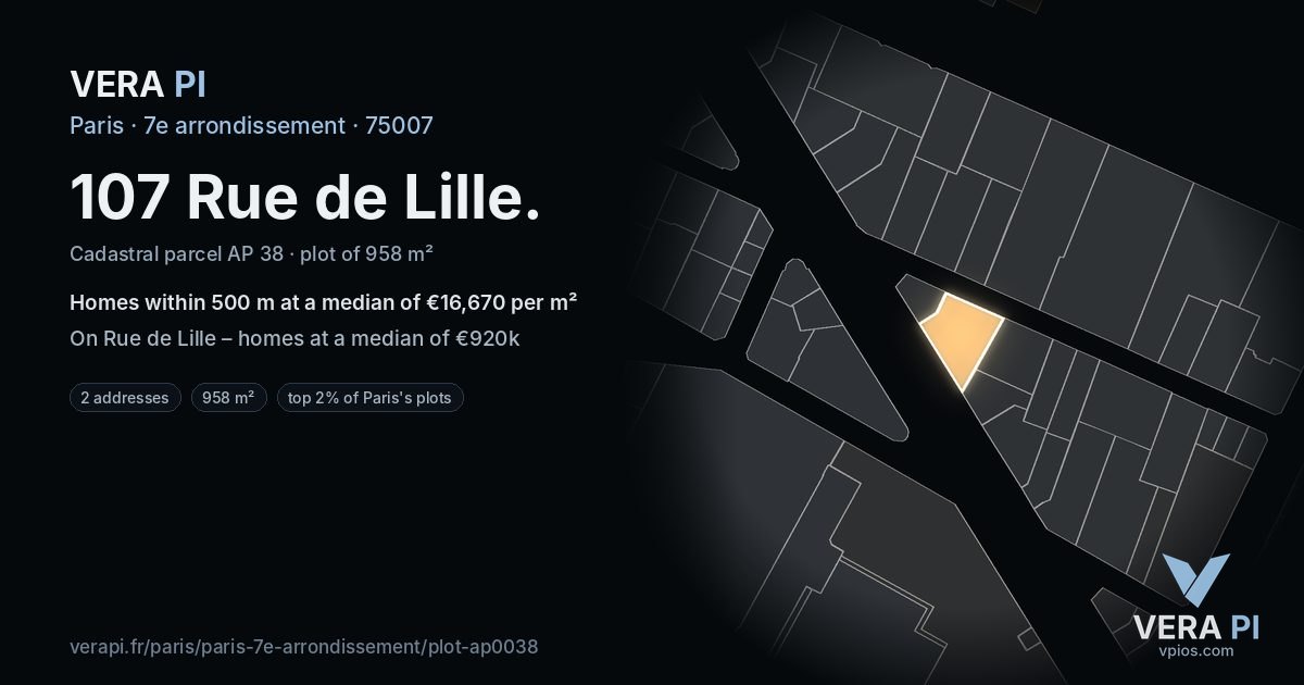 107 Rue de Lille, 7e arrondissement at night – the plot lit, the parcels around coloured by the prices near them