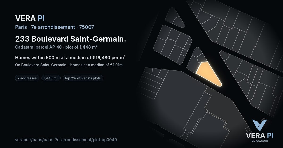 233 Boulevard Saint-Germain, 7e arrondissement at night – the plot lit, the parcels around coloured by the prices near them