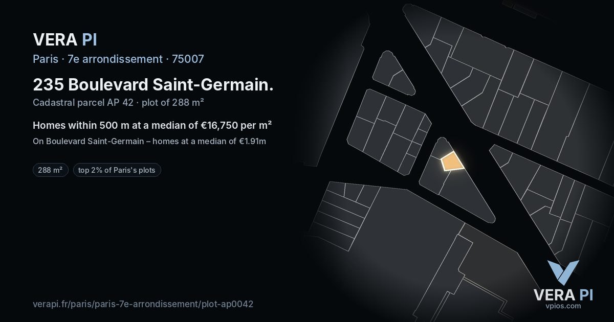 235 Boulevard Saint-Germain, 7e arrondissement at night – the plot lit, the parcels around coloured by the prices near them