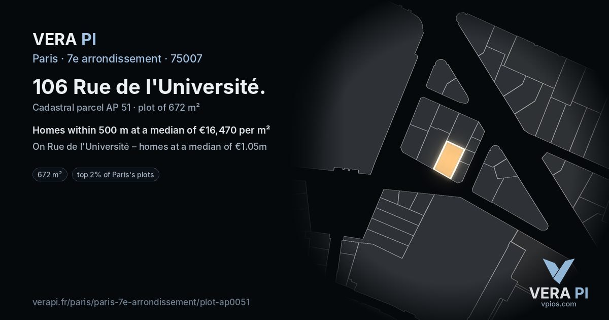 106 Rue de l'Université, 7e arrondissement at night – the plot lit, the parcels around coloured by the prices near them