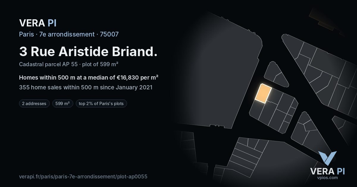 3 Rue Aristide Briand, 7e arrondissement at night – the plot lit, the parcels around coloured by the prices near them
