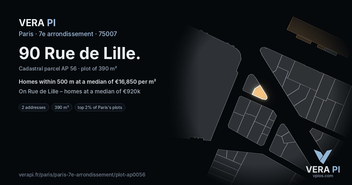 90 Rue de Lille, 7e arrondissement at night – the plot lit, the parcels around coloured by the prices near them