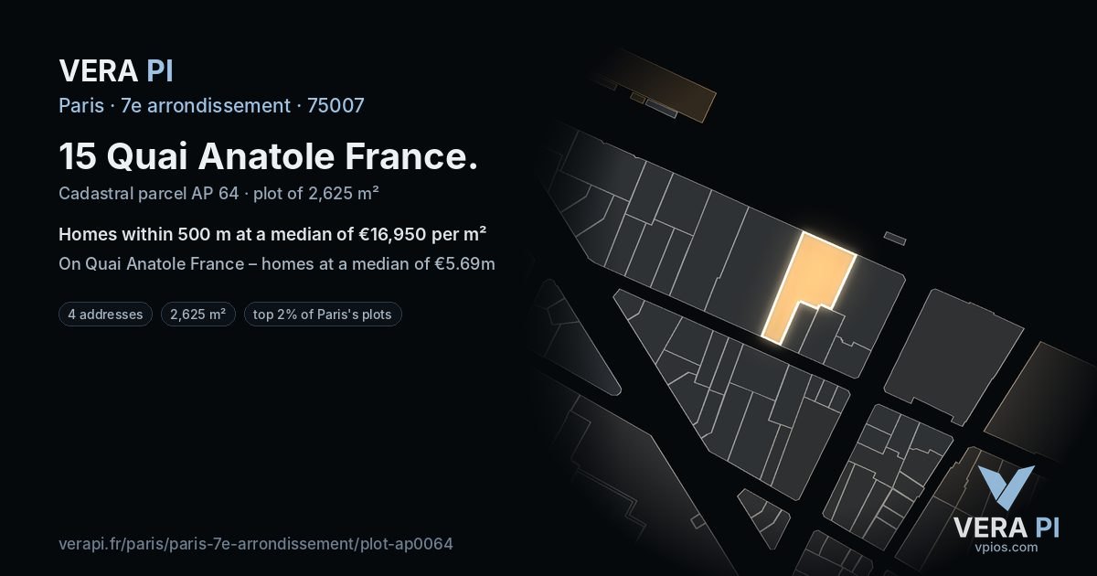 15 Quai Anatole France, 7e arrondissement at night – the plot lit, the parcels around coloured by the prices near them
