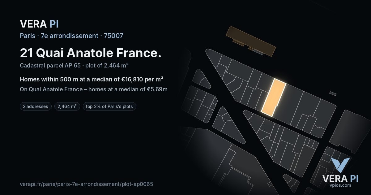 21 Quai Anatole France, 7e arrondissement at night – the plot lit, the parcels around coloured by the prices near them