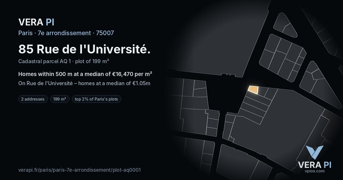 85 Rue de l'Université, 7e arrondissement at night – the plot lit, the parcels around coloured by the prices near them