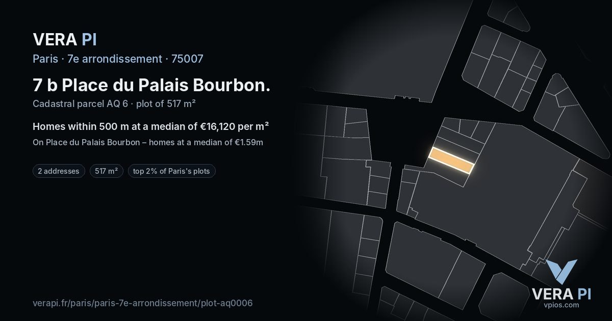 7 b Place du Palais Bourbon, 7e arrondissement at night – the plot lit, the parcels around coloured by the prices near them