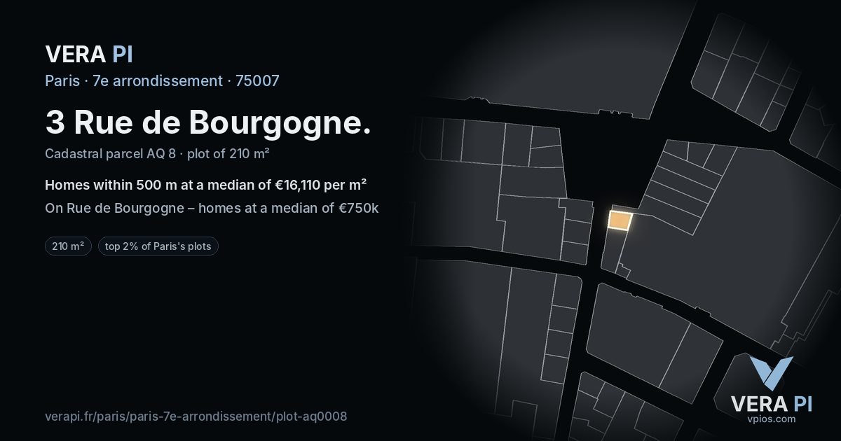 3 Rue de Bourgogne, 7e arrondissement at night – the plot lit, the parcels around coloured by the prices near them
