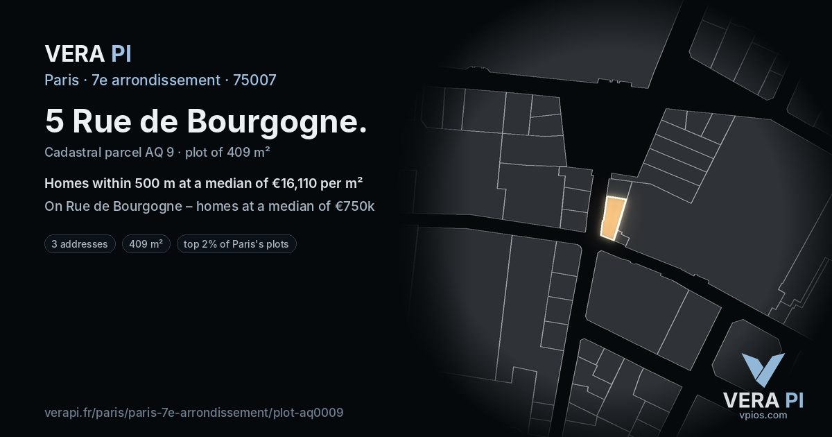 5 Rue de Bourgogne, 7e arrondissement at night – the plot lit, the parcels around coloured by the prices near them