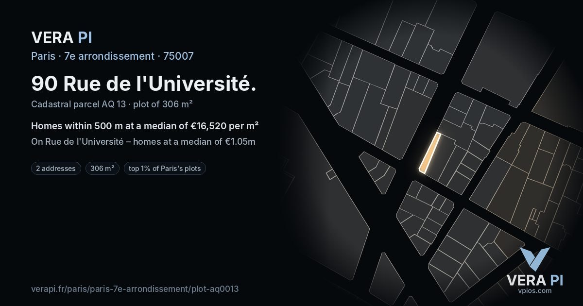 90 Rue de l'Université, 7e arrondissement at night – the plot lit, the parcels around coloured by the prices near them