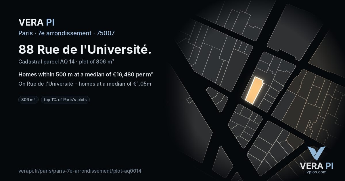 88 Rue de l'Université, 7e arrondissement at night – the plot lit, the parcels around coloured by the prices near them