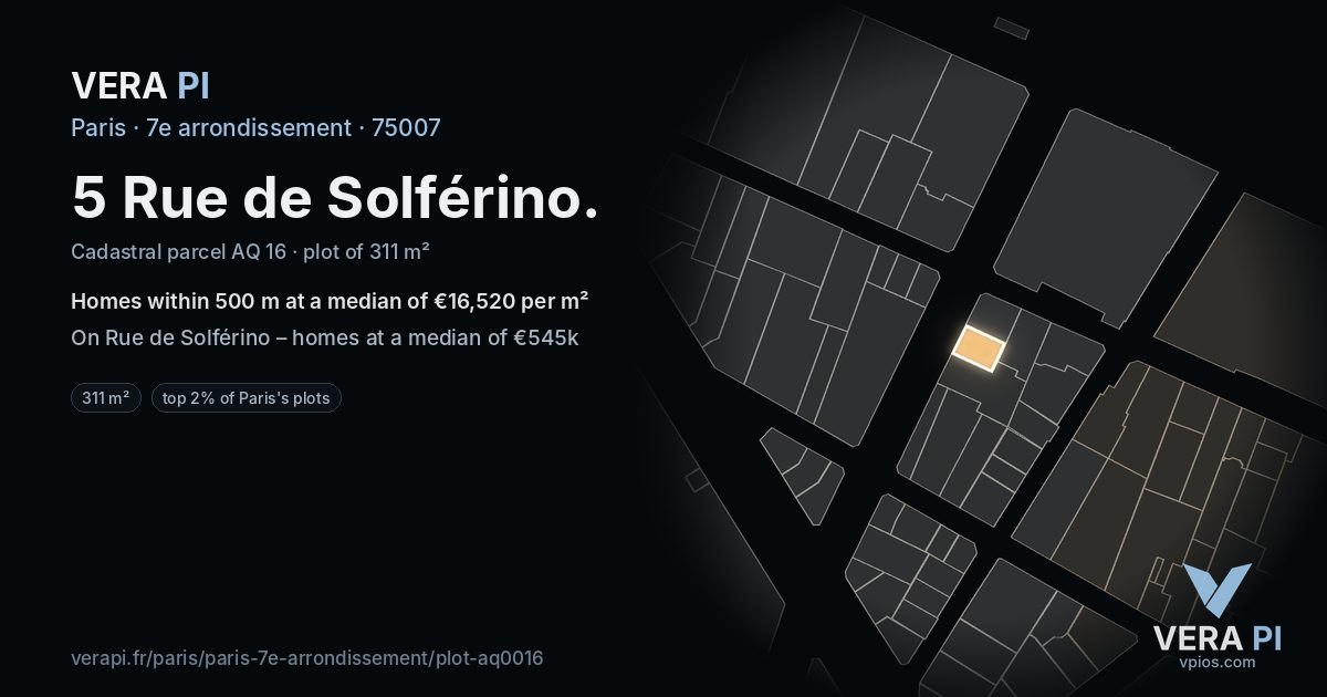5 Rue de Solférino, 7e arrondissement at night – the plot lit, the parcels around coloured by the prices near them
