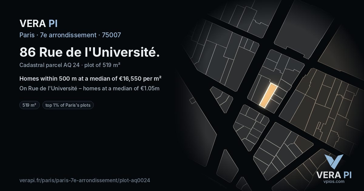 86 Rue de l'Université, 7e arrondissement at night – the plot lit, the parcels around coloured by the prices near them