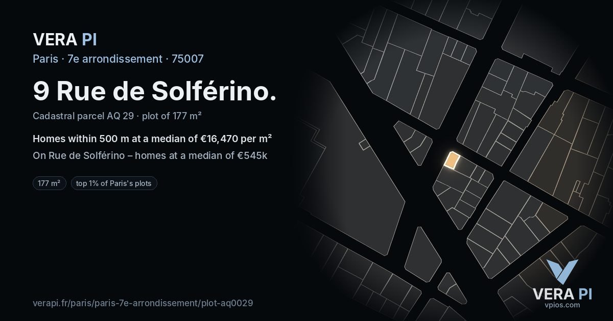 9 Rue de Solférino, 7e arrondissement at night – the plot lit, the parcels around coloured by the prices near them