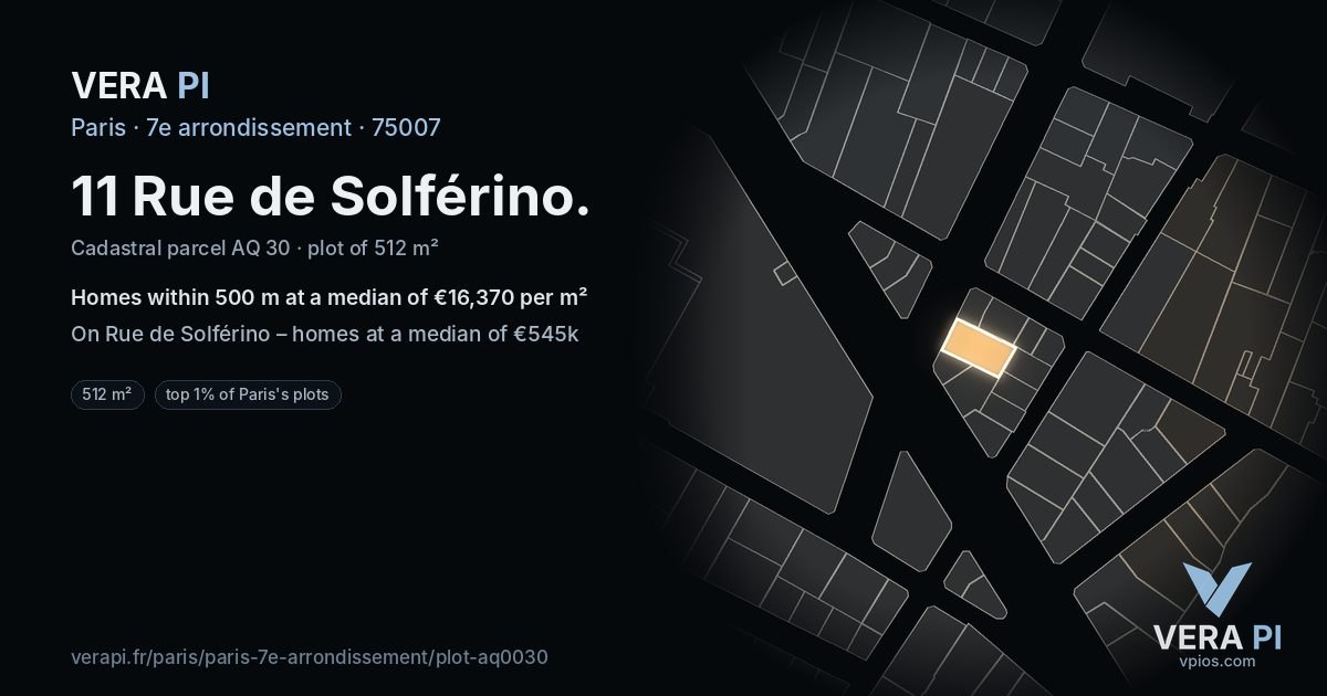11 Rue de Solférino, 7e arrondissement at night – the plot lit, the parcels around coloured by the prices near them