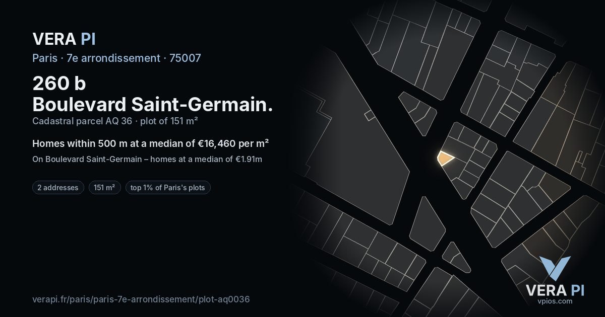 260 b Boulevard Saint-Germain, 7e arrondissement at night – the plot lit, the parcels around coloured by the prices near them