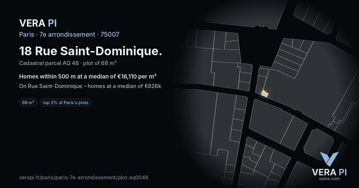 18 Rue Saint-Dominique, 7e arrondissement at night – the plot lit, the parcels around coloured by the prices near them