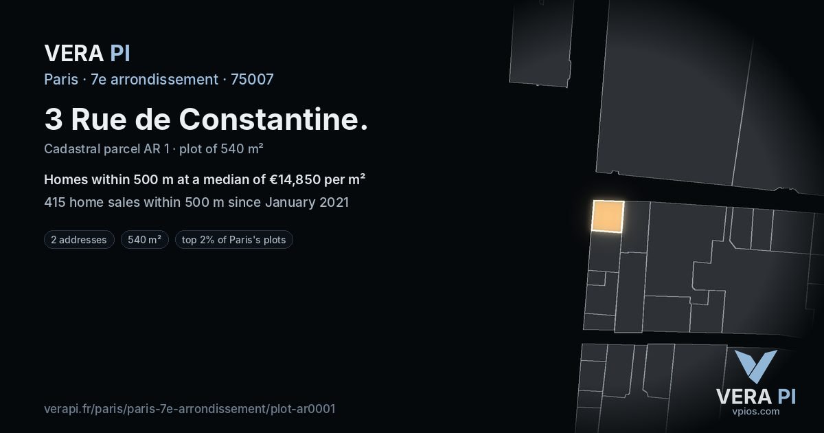 3 Rue de Constantine, 7e arrondissement at night – the plot lit, the parcels around coloured by the prices near them