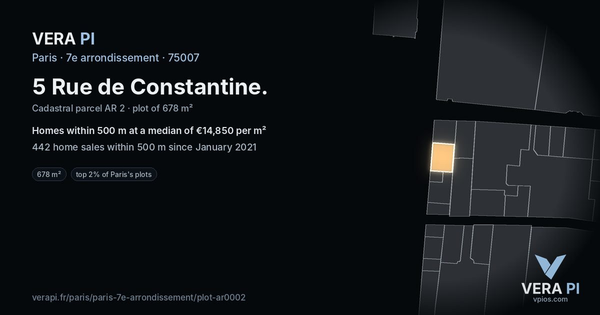 5 Rue de Constantine, 7e arrondissement at night – the plot lit, the parcels around coloured by the prices near them