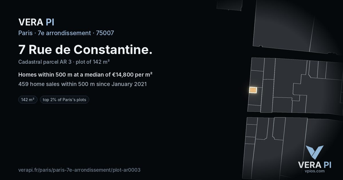 7 Rue de Constantine, 7e arrondissement at night – the plot lit, the parcels around coloured by the prices near them