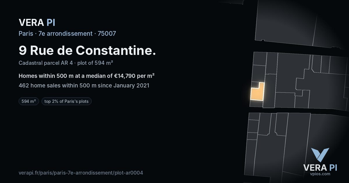 9 Rue de Constantine, 7e arrondissement at night – the plot lit, the parcels around coloured by the prices near them