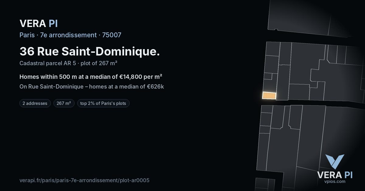 36 Rue Saint-Dominique, 7e arrondissement at night – the plot lit, the parcels around coloured by the prices near them