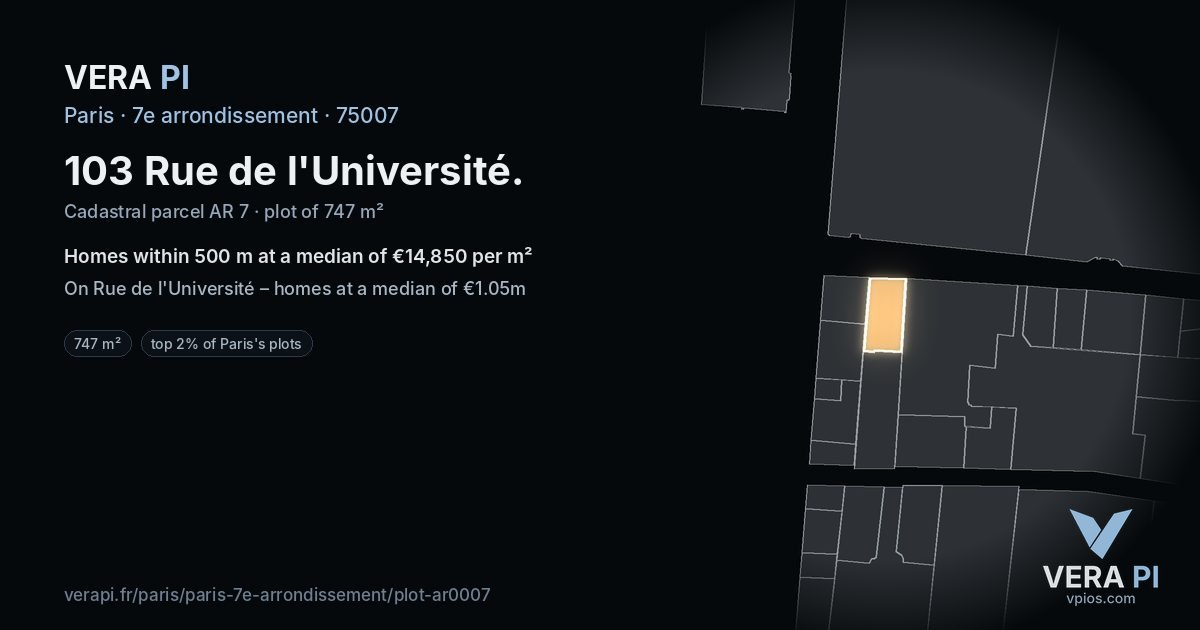 103 Rue de l'Université, 7e arrondissement at night – the plot lit, the parcels around coloured by the prices near them