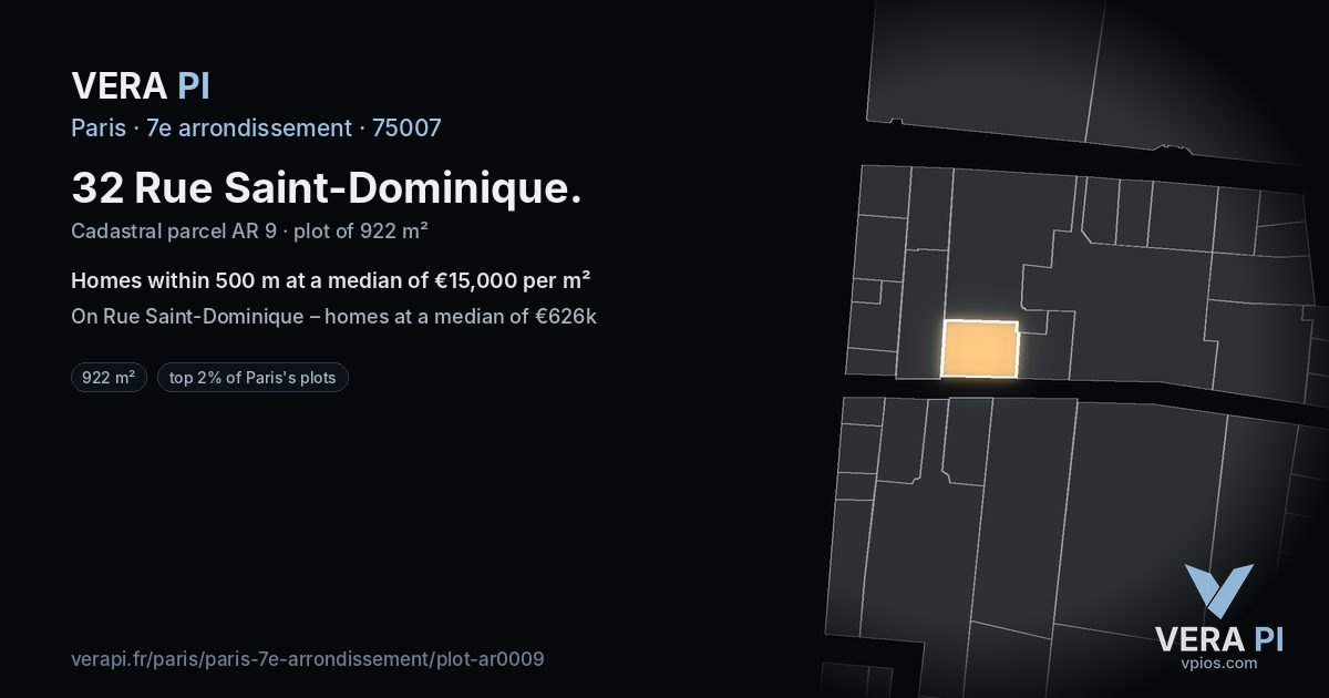 32 Rue Saint-Dominique, 7e arrondissement at night – the plot lit, the parcels around coloured by the prices near them