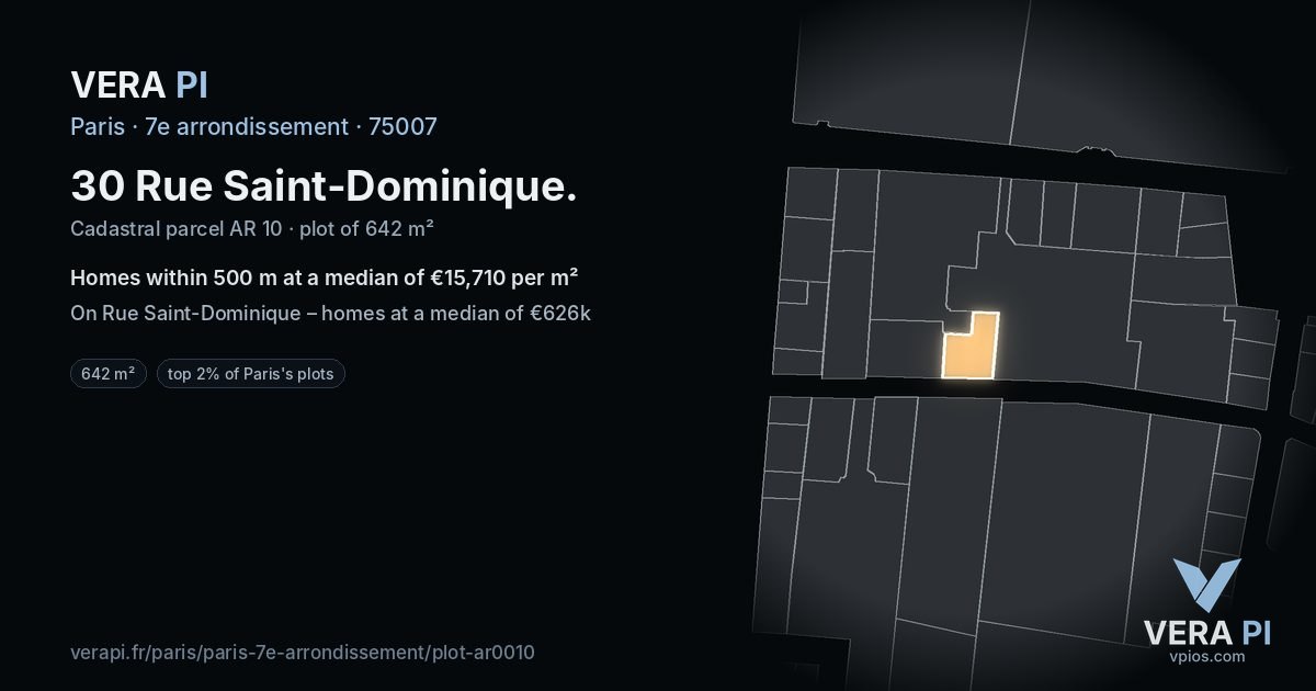 30 Rue Saint-Dominique, 7e arrondissement at night – the plot lit, the parcels around coloured by the prices near them