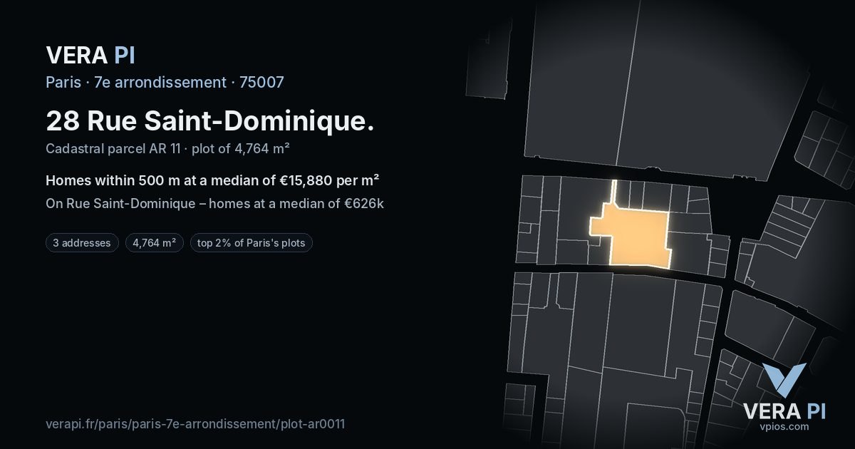 28 Rue Saint-Dominique, 7e arrondissement at night – the plot lit, the parcels around coloured by the prices near them