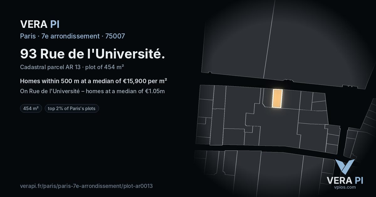 93 Rue de l'Université, 7e arrondissement at night – the plot lit, the parcels around coloured by the prices near them