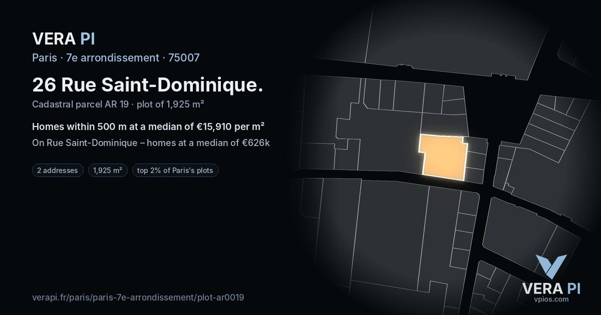26 Rue Saint-Dominique, 7e arrondissement at night – the plot lit, the parcels around coloured by the prices near them