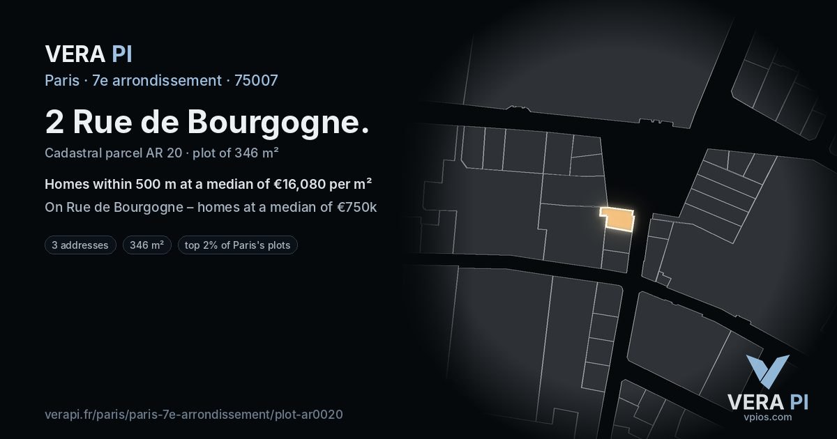 2 Rue de Bourgogne, 7e arrondissement at night – the plot lit, the parcels around coloured by the prices near them