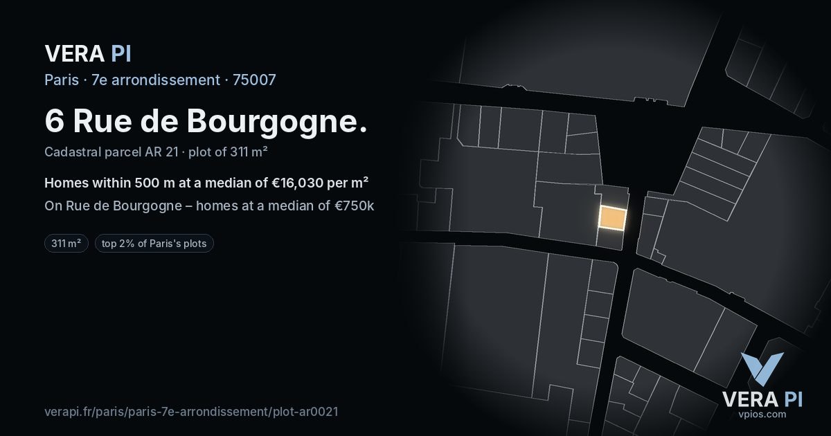 6 Rue de Bourgogne, 7e arrondissement at night – the plot lit, the parcels around coloured by the prices near them