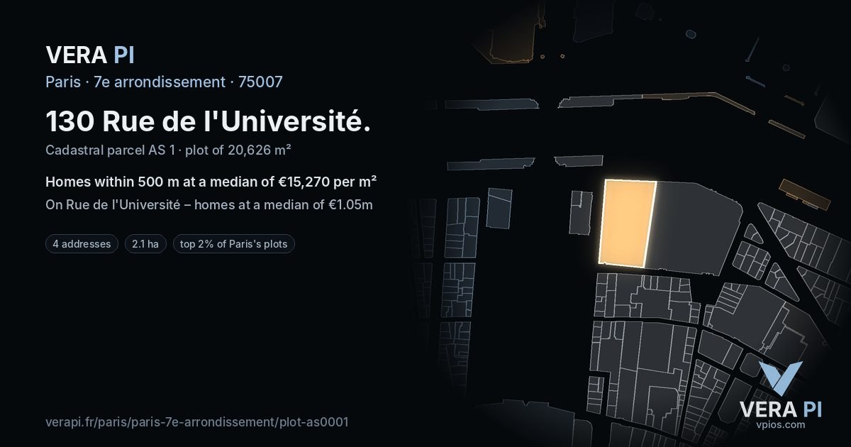 130 Rue de l'Université, 7e arrondissement at night – the plot lit, the parcels around coloured by the prices near them
