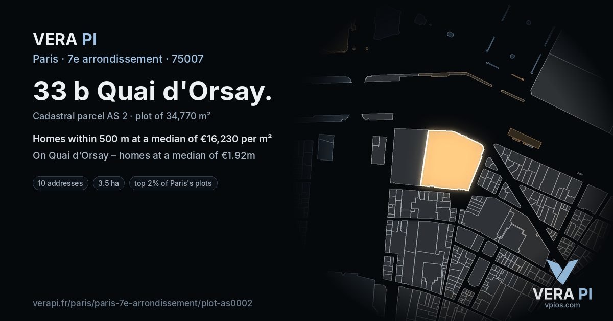 33 b Quai d'Orsay, 7e arrondissement at night – the plot lit, the parcels around coloured by the prices near them